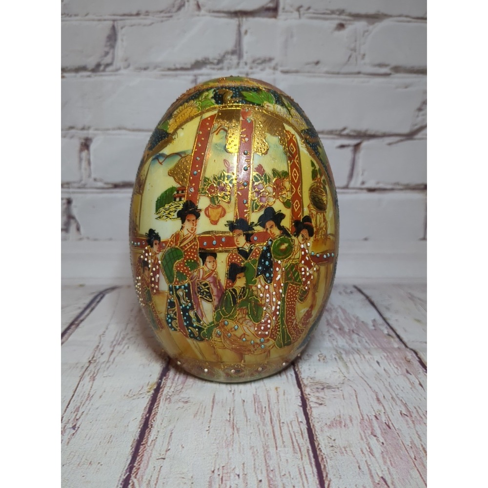 Vintage Satsuma 7"‎ Ceramic Egg Hand Painted Geisha Gold Hilt Cloisonne Look